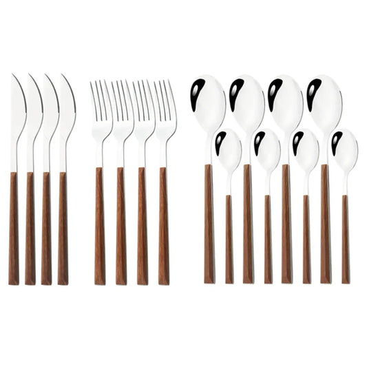 16/24/30Pcs Stainless Steel Imitation Wooden Handle Cutlery Set Dinnerware Clamp Western Tableware Knife Fork Tea Spoon