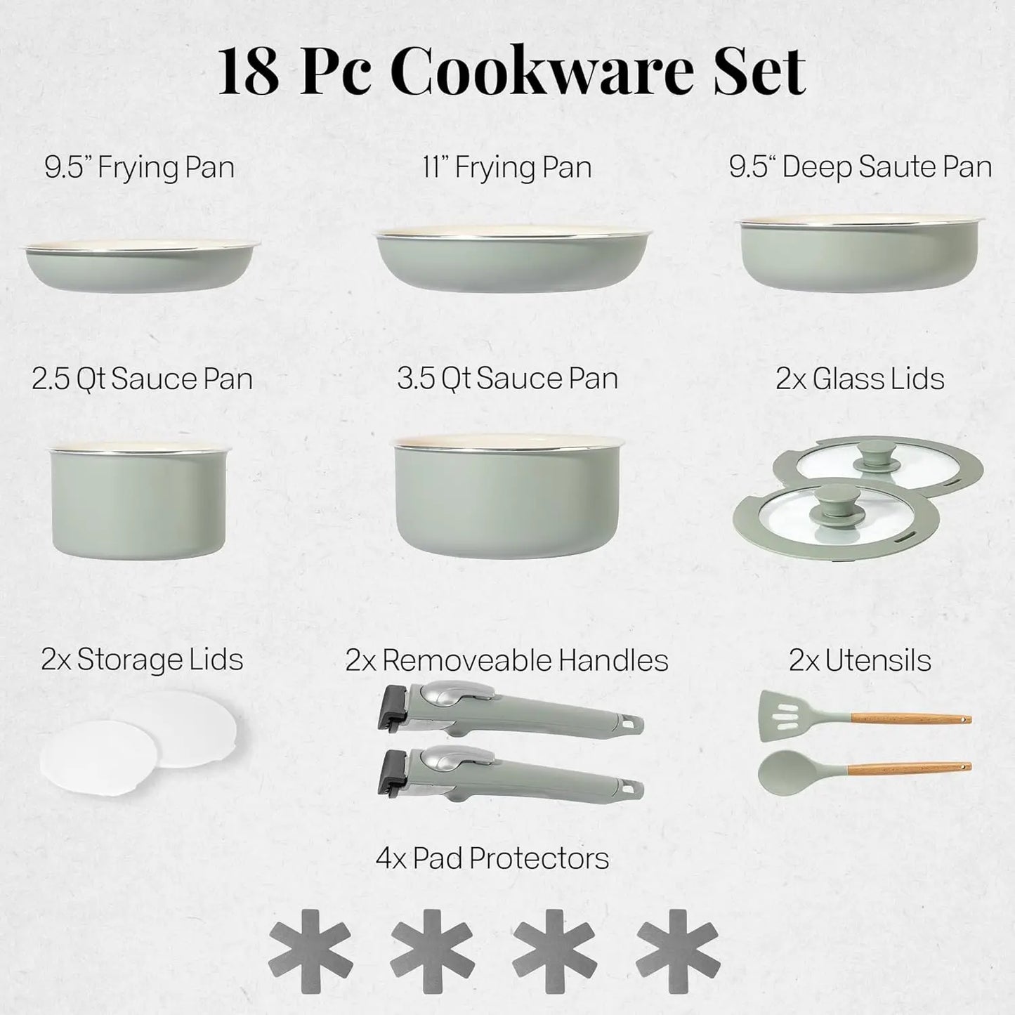 18 Pc Removeable Handle Pots and Pans Set Non Stick, Kitchen Cookware Sets, Ceramic Cookware Set