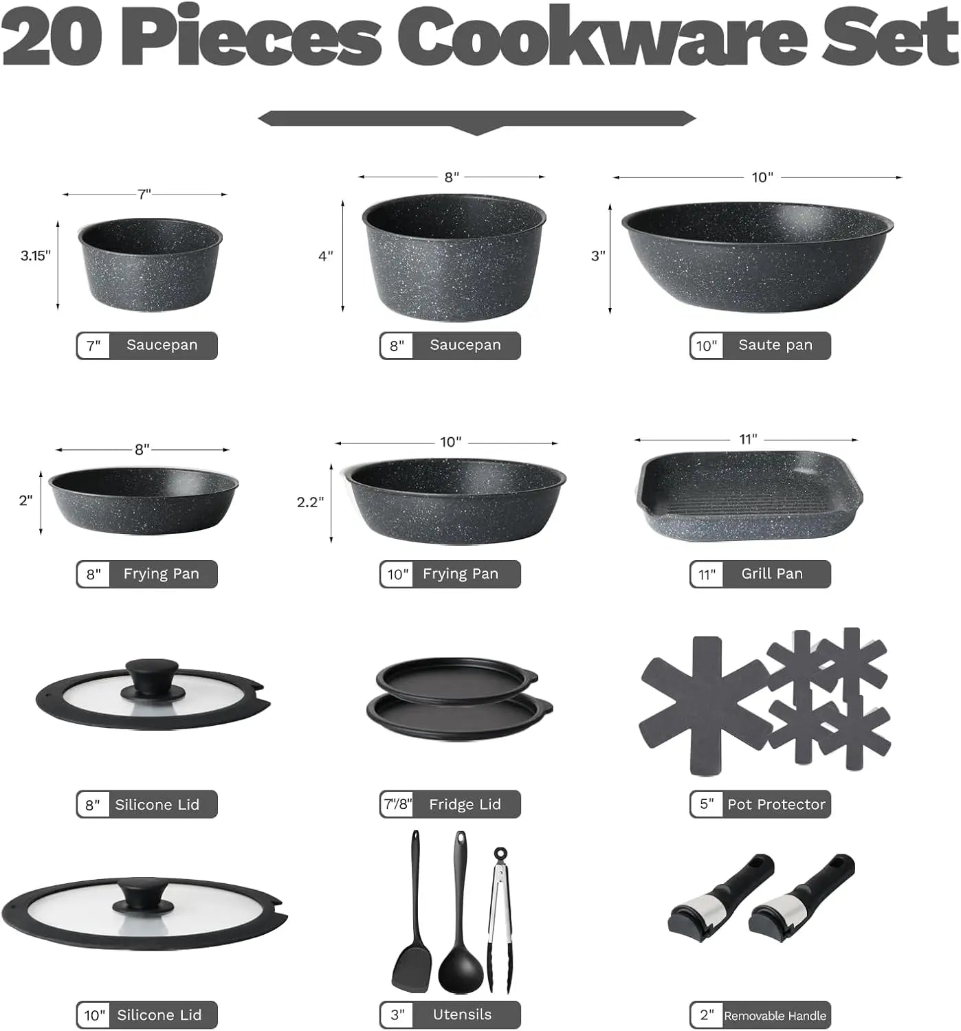 20 Pcs Pots and Pans Set Non Stick, Cookware Sets with Detachable Handle, Granite Induction RV Kitchen Cooking Set