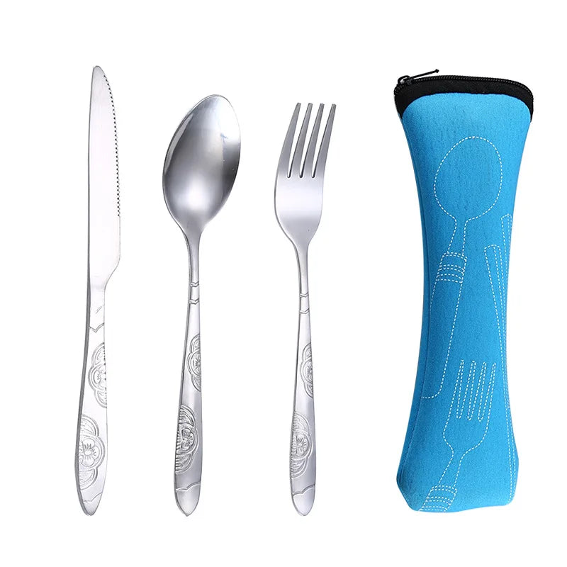 4Pcs/3Pcs Set Dinnerware Portable Printed Knifes Fork Spoon Stainless Steel Family Camping Steak Cutlery Tableware with Bag