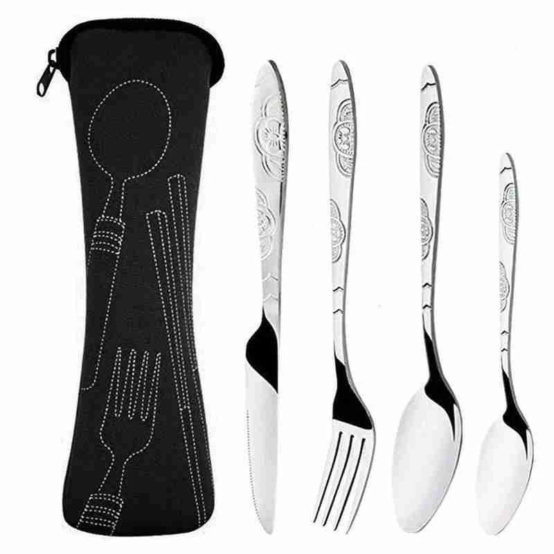 4Pcs/3Pcs Set Dinnerware Portable Printed Knifes Fork Spoon Stainless Steel Family Camping Steak Cutlery Tableware with Bag