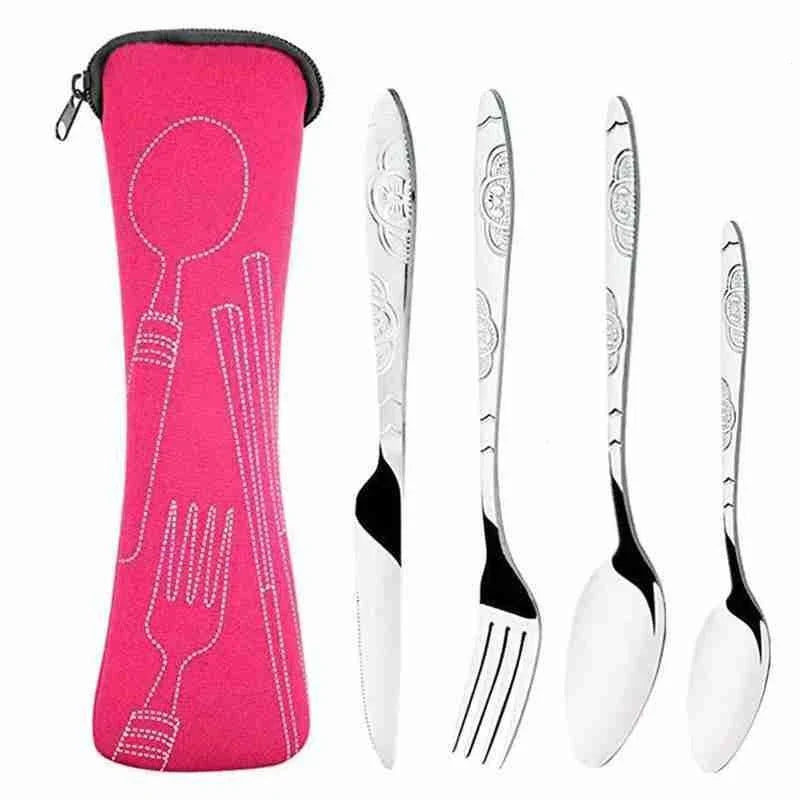 4Pcs/3Pcs Set Dinnerware Portable Printed Knifes Fork Spoon Stainless Steel Family Camping Steak Cutlery Tableware with Bag