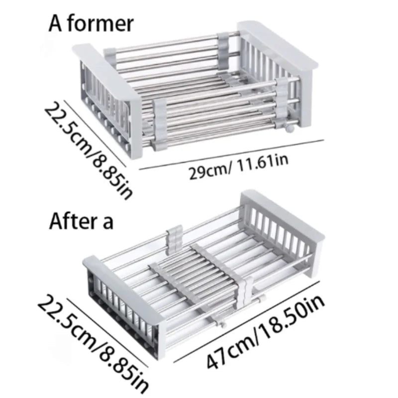 Adjustable Over-The-Sink Dish Drying Rack with Stainless Steel Drain Basket - Portable & Telescopic Space-Saving Solution for fr