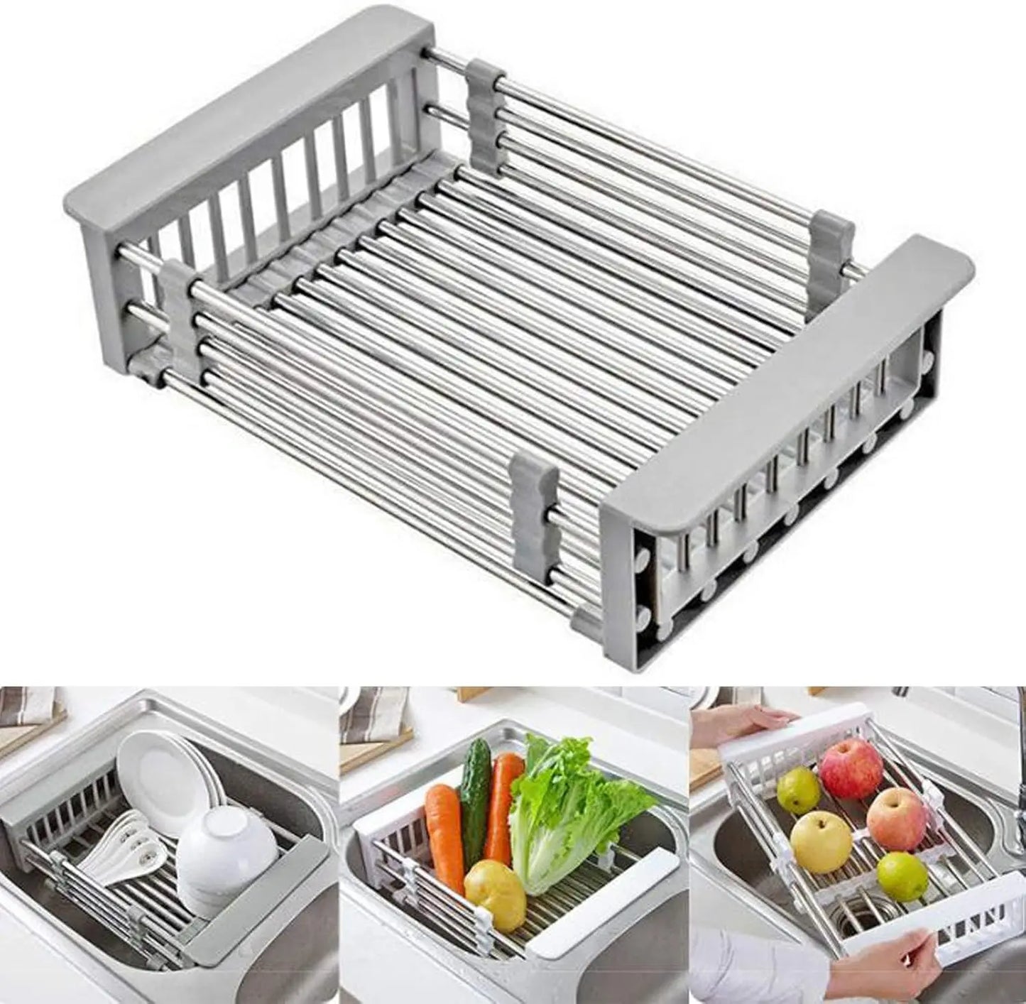 Adjustable Over-The-Sink Dish Drying Rack with Stainless Steel Drain Basket - Portable & Telescopic Space-Saving Solution for fr