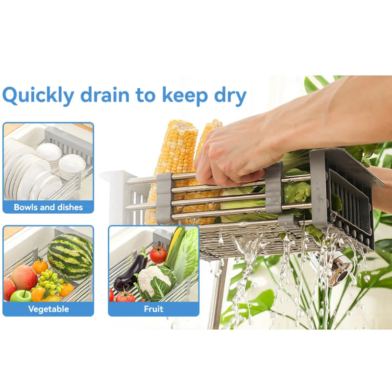 Adjustable Over-The-Sink Dish Drying Rack with Stainless Steel Drain Basket - Portable & Telescopic Space-Saving Solution for fr