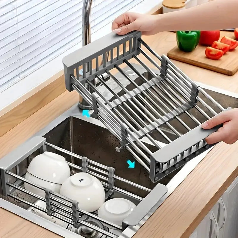 Adjustable Over-The-Sink Dish Drying Rack with Stainless Steel Drain Basket - Portable & Telescopic Space-Saving Solution for fr