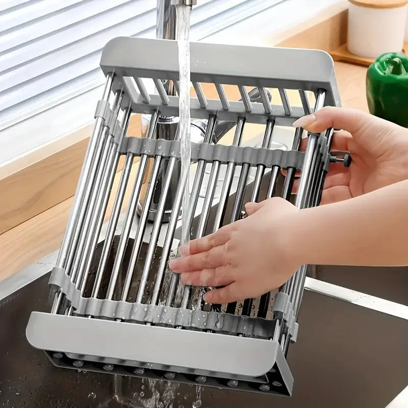 Adjustable Over-The-Sink Dish Drying Rack with Stainless Steel Drain Basket - Portable & Telescopic Space-Saving Solution for fr