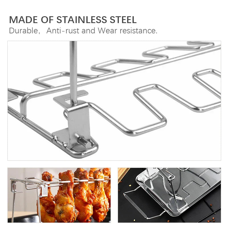 BBQ Beef Chicken Leg Wing Grill Rack 14 Slots Stainless Steel Barbecue Drumsticks Holder Oven Roaster Stand with Drip Pan Tools