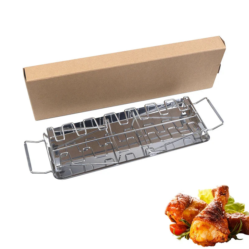 BBQ Beef Chicken Leg Wing Grill Rack 14 Slots Stainless Steel Barbecue Drumsticks Holder Oven Roaster Stand with Drip Pan Tools