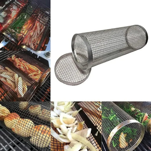 BBQ Grill Basket Rolling Grilling Basket Barbecue Cages Barbecue Grill Grate Cylinder Grilling Baskets for Outdoor Camping