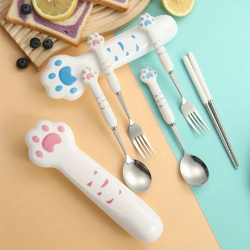 Cute Cat Paw Cutlery Set Stainless Steel Fork Spoon with storage Box Dinnerware Tableware Silverware Lunch Portable Tableware