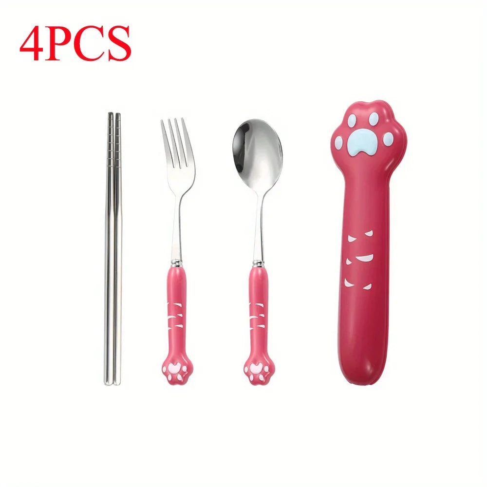 Cute Cat Paw Cutlery Set Stainless Steel Fork Spoon with storage Box Dinnerware Tableware Silverware Lunch Portable Tableware