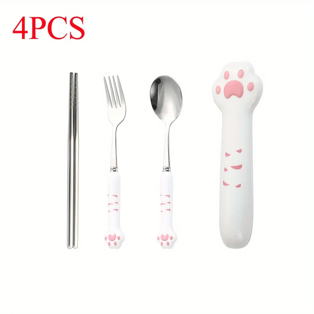 Cute Cat Paw Cutlery Set Stainless Steel Fork Spoon with storage Box Dinnerware Tableware Silverware Lunch Portable Tableware