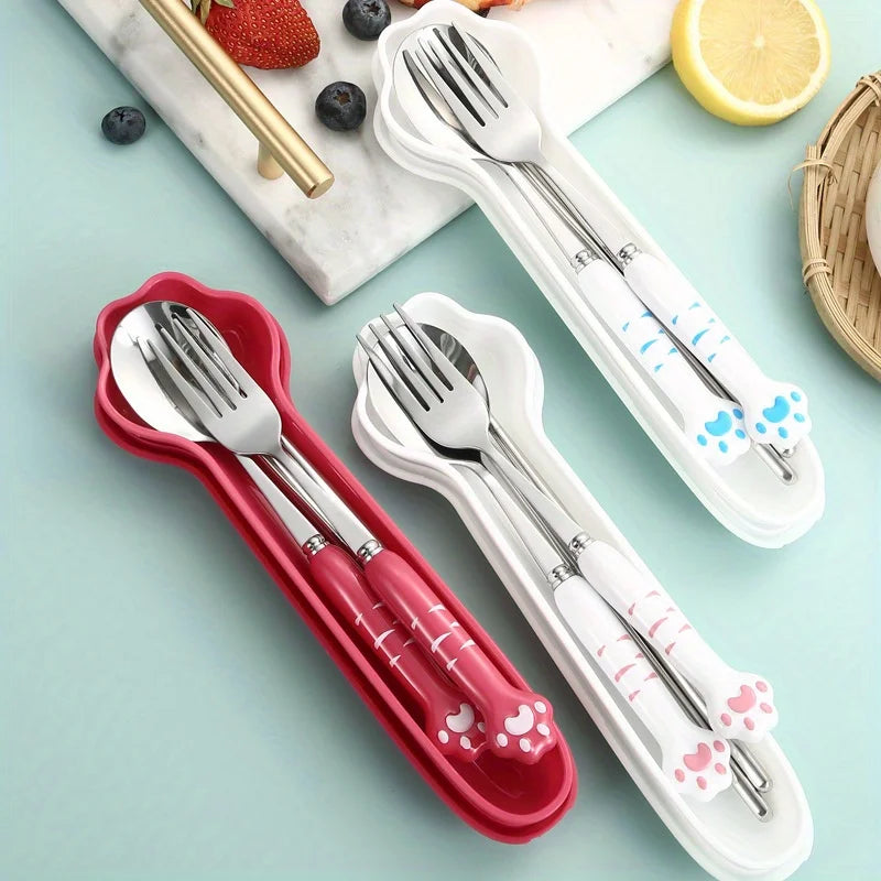 Cute Cat Paw Cutlery Set Stainless Steel Fork Spoon with storage Box Dinnerware Tableware Silverware Lunch Portable Tableware