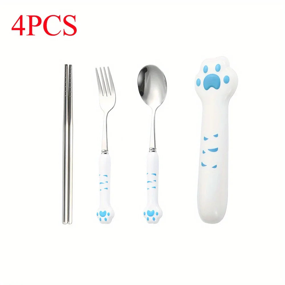 Cute Cat Paw Cutlery Set Stainless Steel Fork Spoon with storage Box Dinnerware Tableware Silverware Lunch Portable Tableware