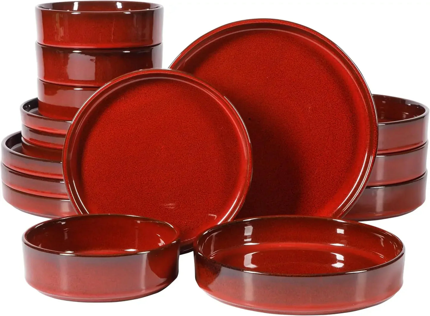 Favorite Things - Santorini Mist Double Bowl Terracotta Reactive Glaze Plates and Bowls Dinnerware Set - Garnet Red, Ser