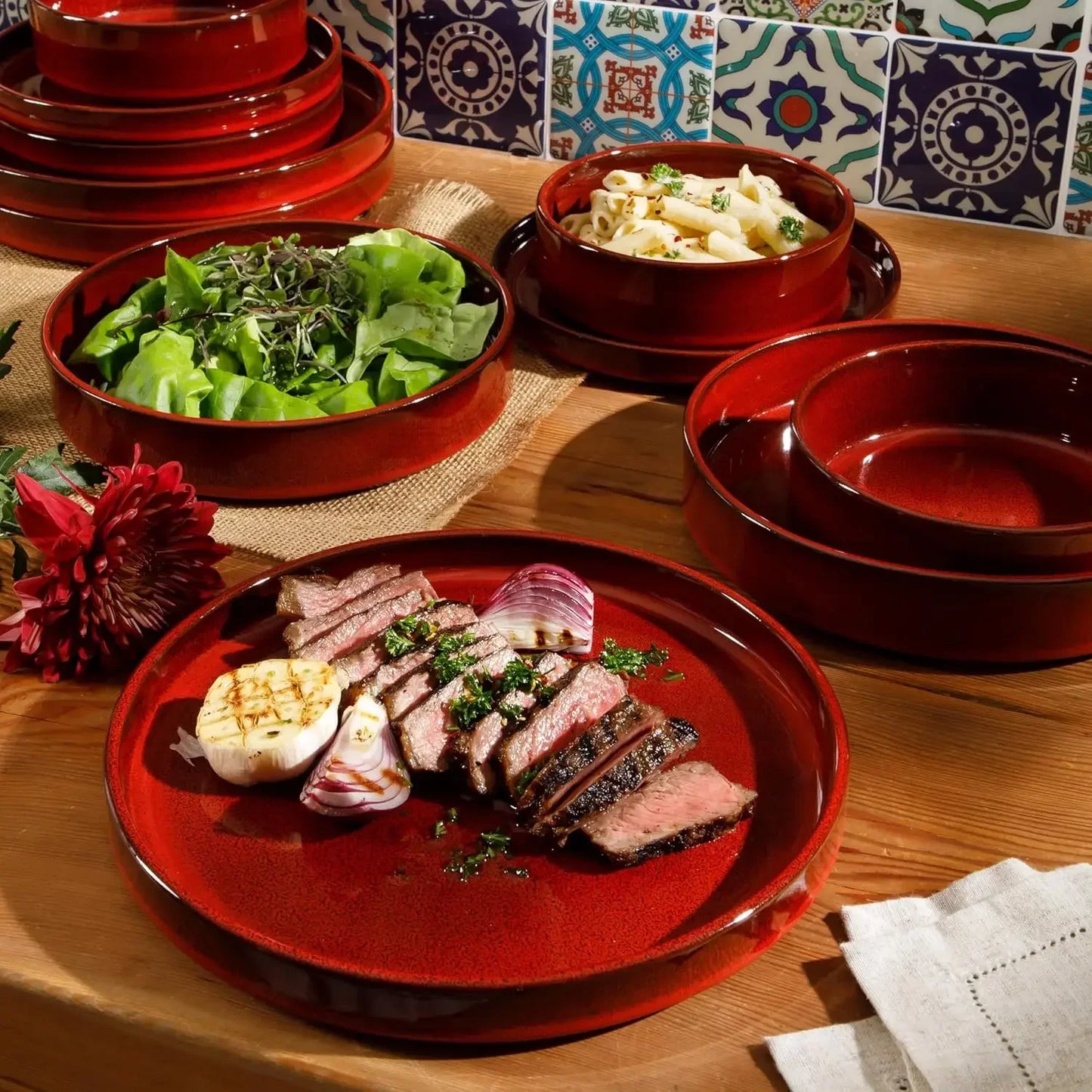 Favorite Things - Santorini Mist Double Bowl Terracotta Reactive Glaze Plates and Bowls Dinnerware Set - Garnet Red, Ser