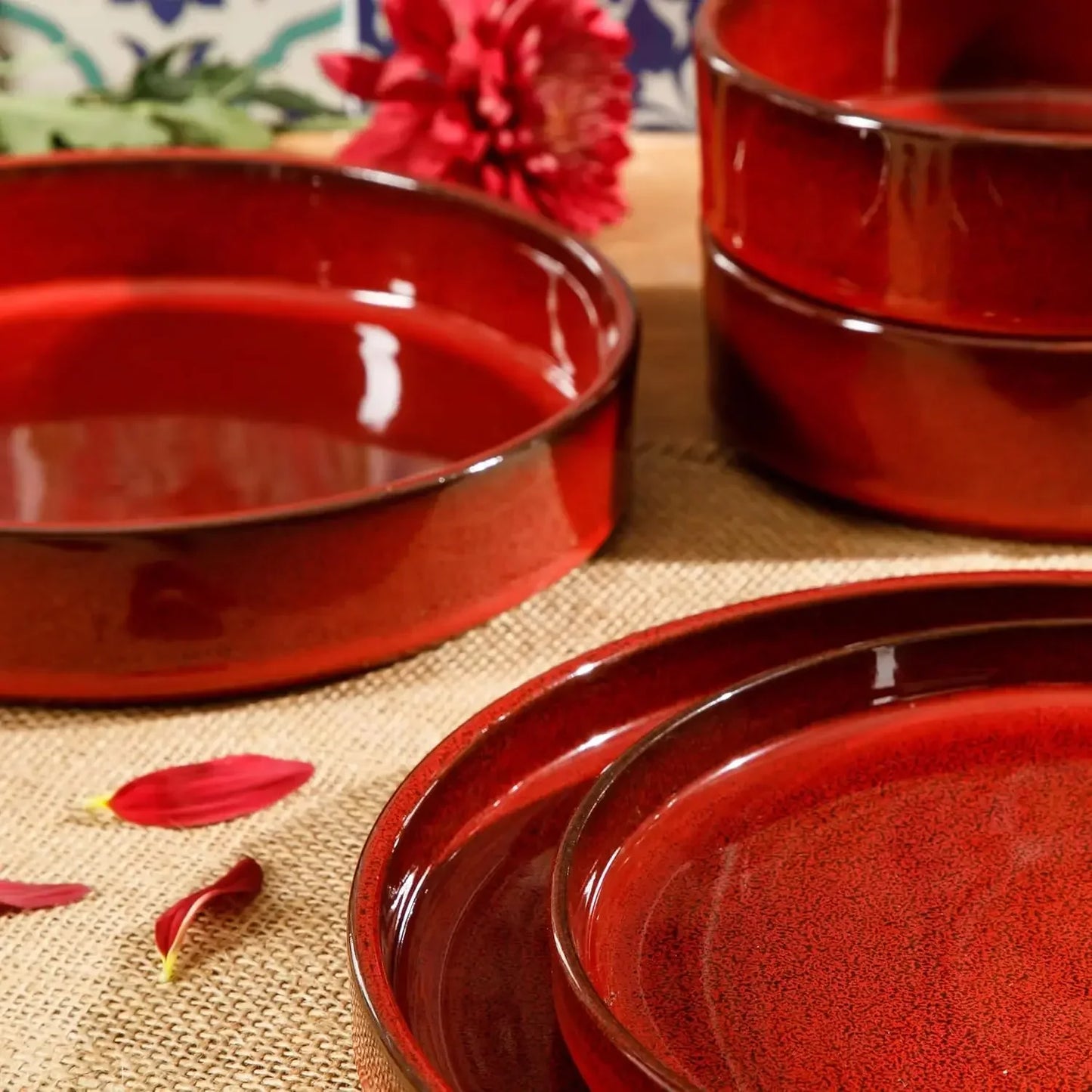 Favorite Things - Santorini Mist Double Bowl Terracotta Reactive Glaze Plates and Bowls Dinnerware Set - Garnet Red, Ser