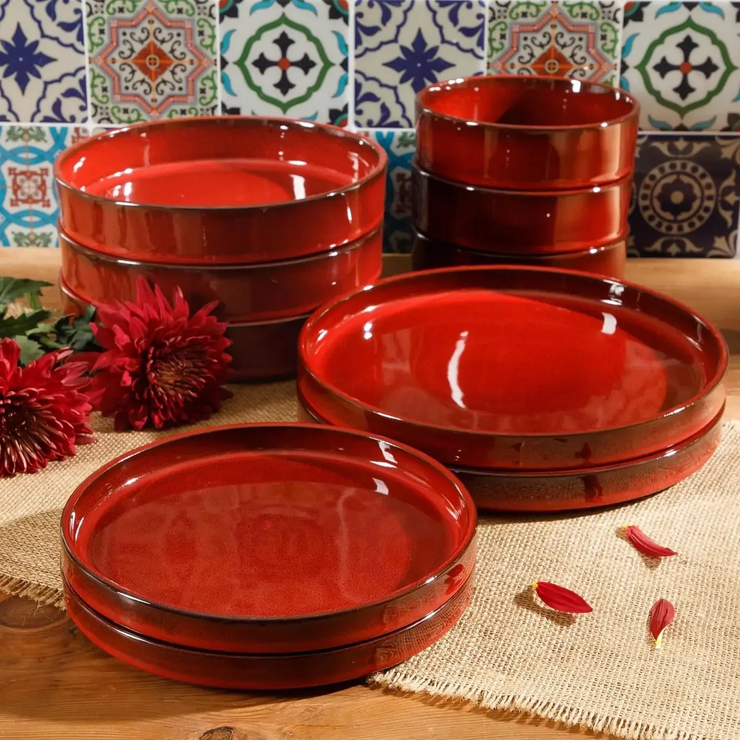 Favorite Things - Santorini Mist Double Bowl Terracotta Reactive Glaze Plates and Bowls Dinnerware Set - Garnet Red, Ser