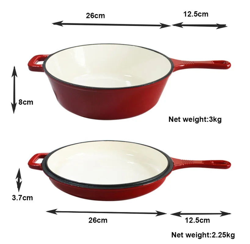 26cm Cast Iron Enamel Saucepan Multi-fucntion Frying Pan Roasted Griddle Bread Baking Pot Skillet