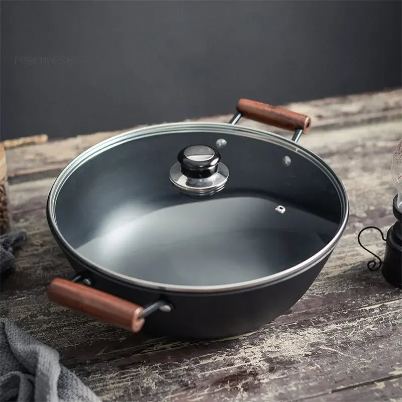 Handmade Cast Iron Pot Household Nonstick Pan Frying Pan Uncoated Thicken Iron Wok Gas Stove Induction Cooker Universal u