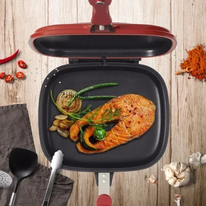 Household 28cm flat bottomed pan, double-sided barbecue frying pan, cooking utensil, double-sided pan, outdoor kitchen supplies