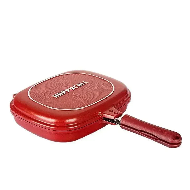 Household 28cm flat bottomed pan, double-sided barbecue frying pan, cooking utensil, double-sided pan, outdoor kitchen supplies