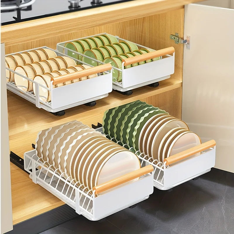 Pull Out Organizer, Pull-out Dish Rack With Wooden Handle And Drain Tray, Multifunctional Single Layer Dish Drying Rack