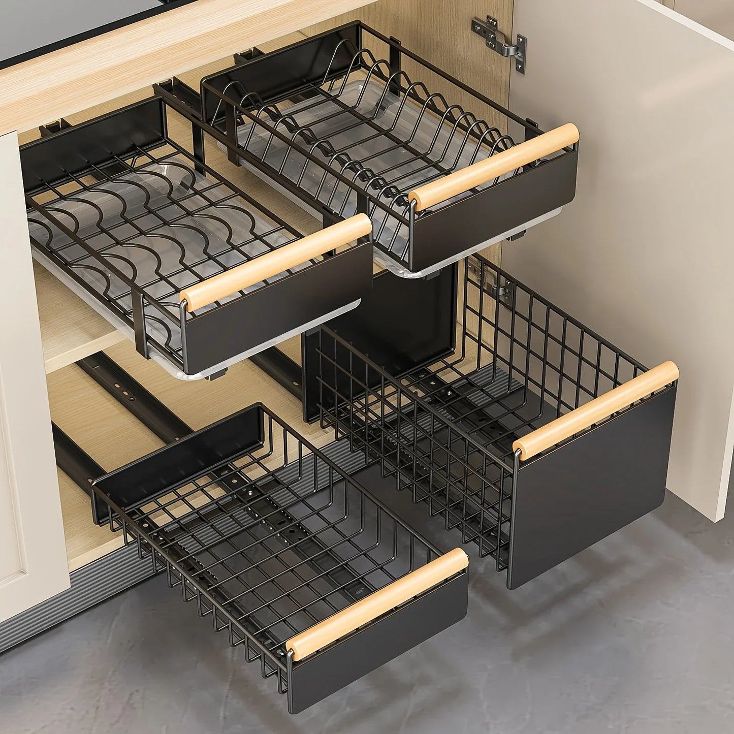 Pull Out Organizer, Pull-out Dish Rack With Wooden Handle And Drain Tray, Multifunctional Single Layer Dish Drying Rack