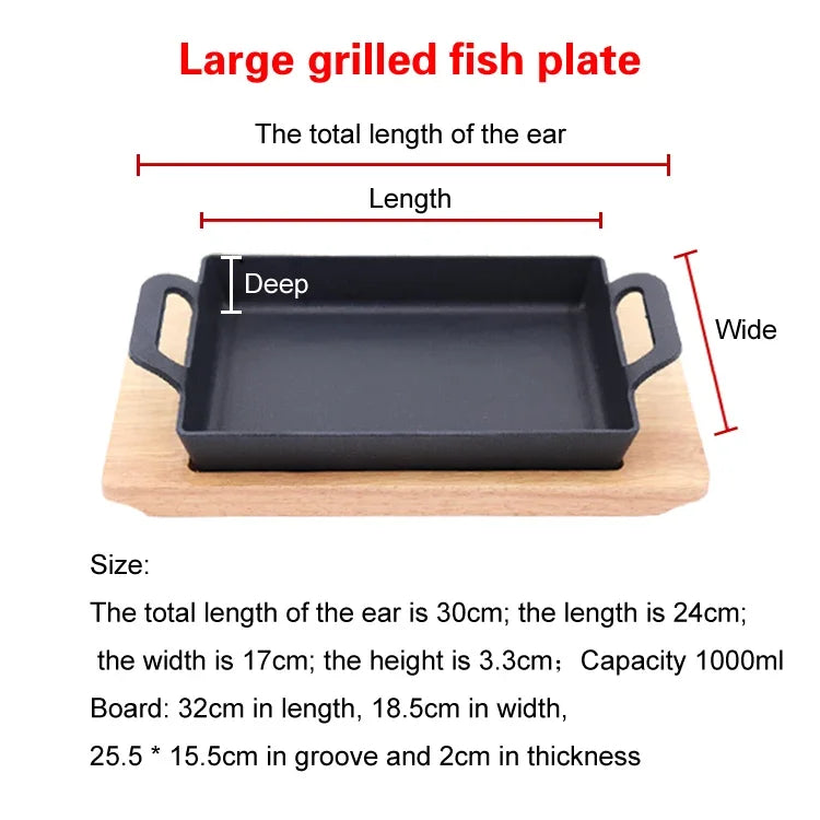 Korean double ear cast iron stripe barbecue pot rectangular iron plate roast plate single Mini fish plate cast iron cookware