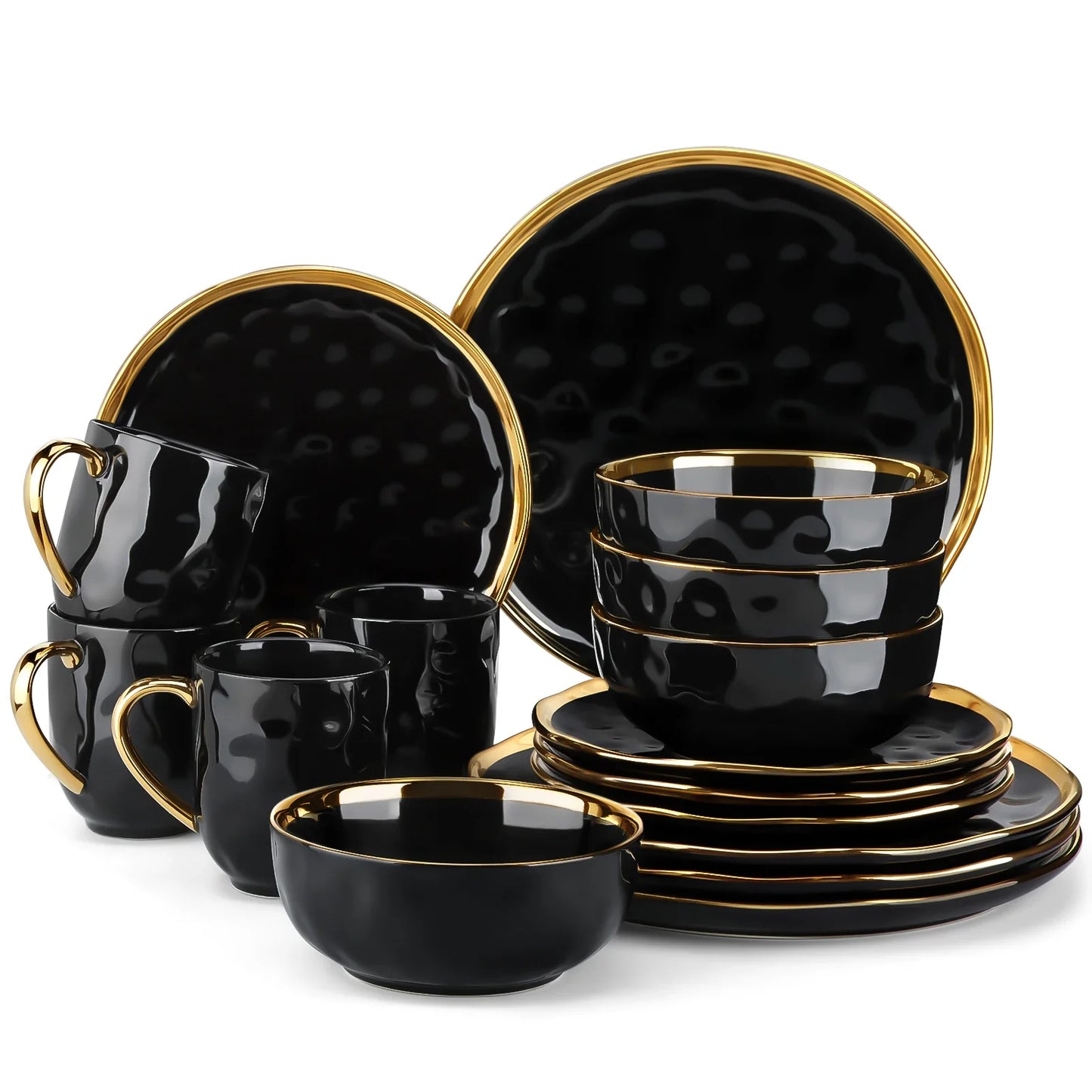 16/32 Piece Black Porcelain Dinnerware Set with Gold Trim Dessert Plate,Dinner Plate,Cup,Bowl Tableware Set