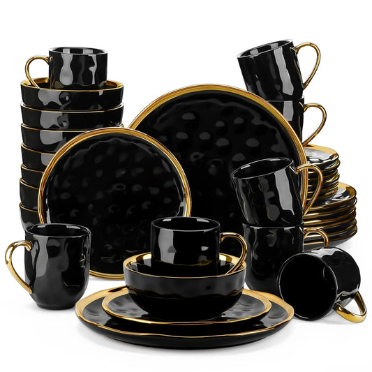 16/32 Piece Black Porcelain Dinnerware Set with Gold Trim Dessert Plate,Dinner Plate,Cup,Bowl Tableware Set