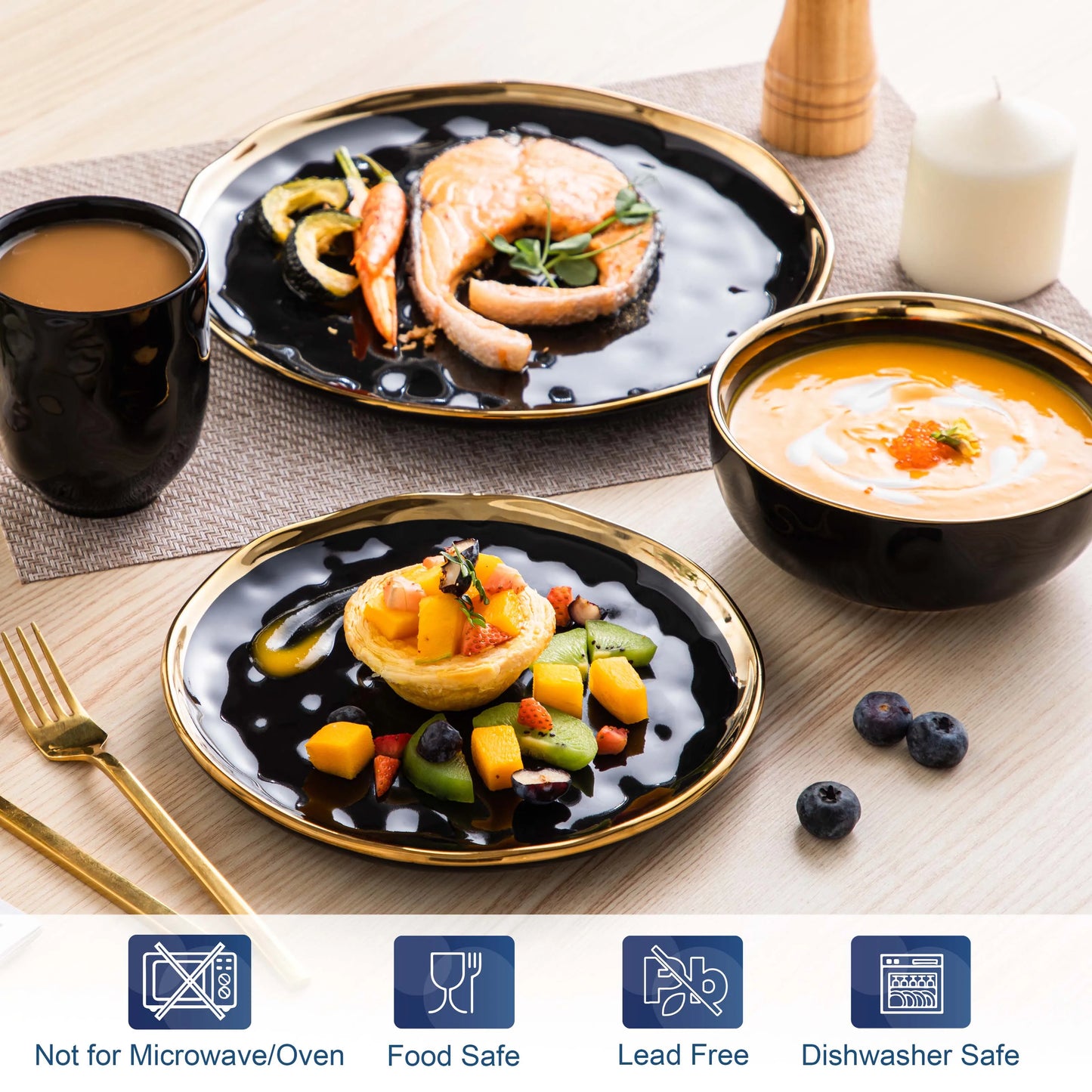 16/32 Piece Black Porcelain Dinnerware Set with Gold Trim Dessert Plate,Dinner Plate,Cup,Bowl Tableware Set