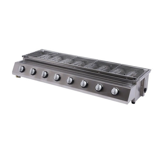 Barbecue Grill 8 Burner BBQ Gas Grill Stainless Steel LPG Tabletop Gas Grill Oil Catch Tray For Food Stalls, Snack Bars