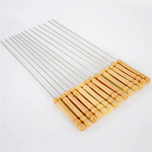 Large Stainless Steel BBQ Skewers Oak Wood Barbecue Grill Forks Long Handle Flat Kebab Skewer BBQ Accessories Tool