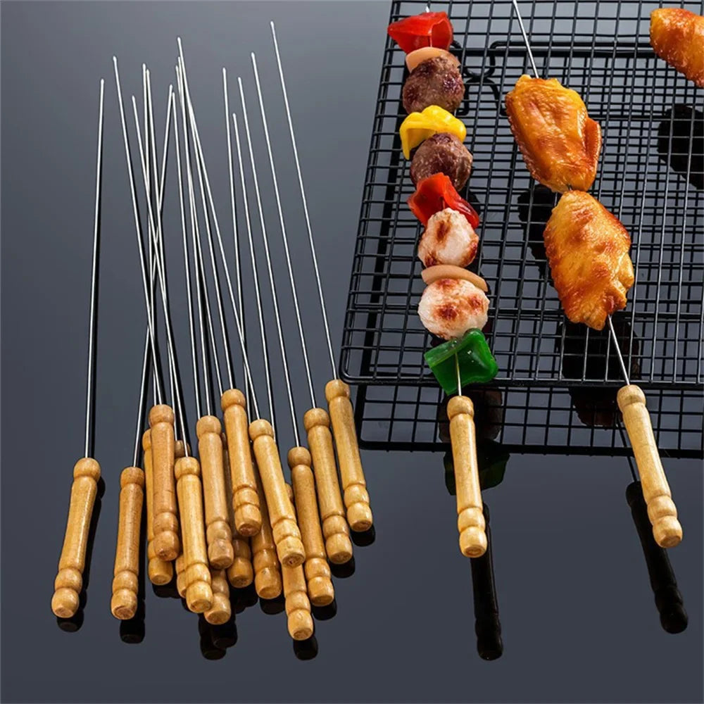 Large Stainless Steel BBQ Skewers Oak Wood Barbecue Grill Forks Long Handle Flat Kebab Skewer BBQ Accessories Tool