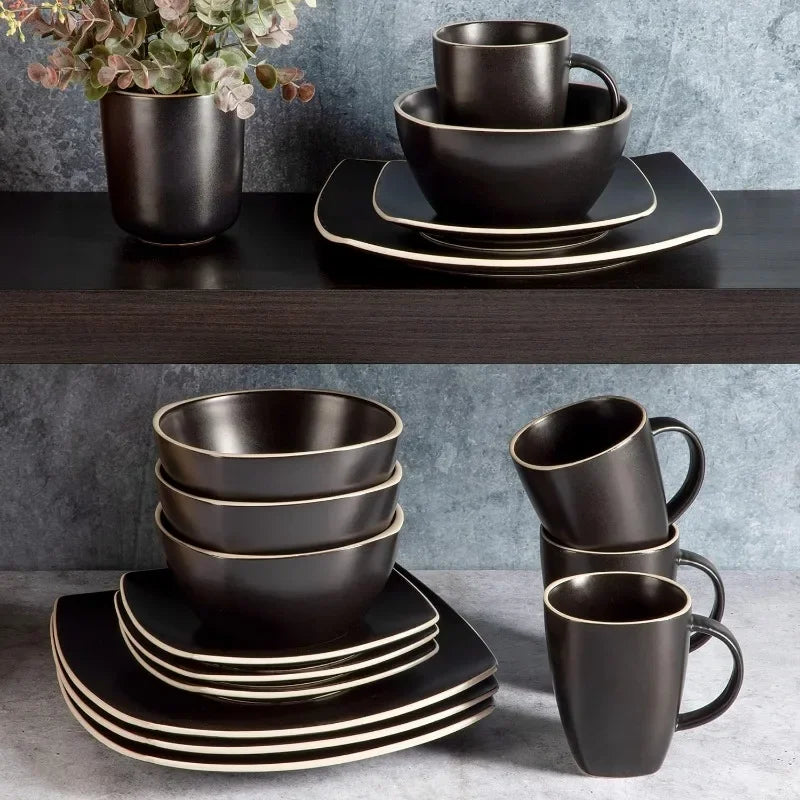 Lounge Tableware Set, Serving 4 People (16 Pieces), Matte Black