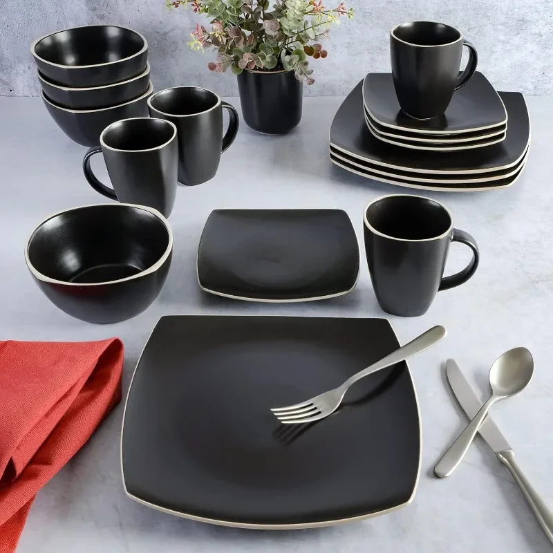 Lounge Tableware Set, Serving 4 People (16 Pieces), Matte Black