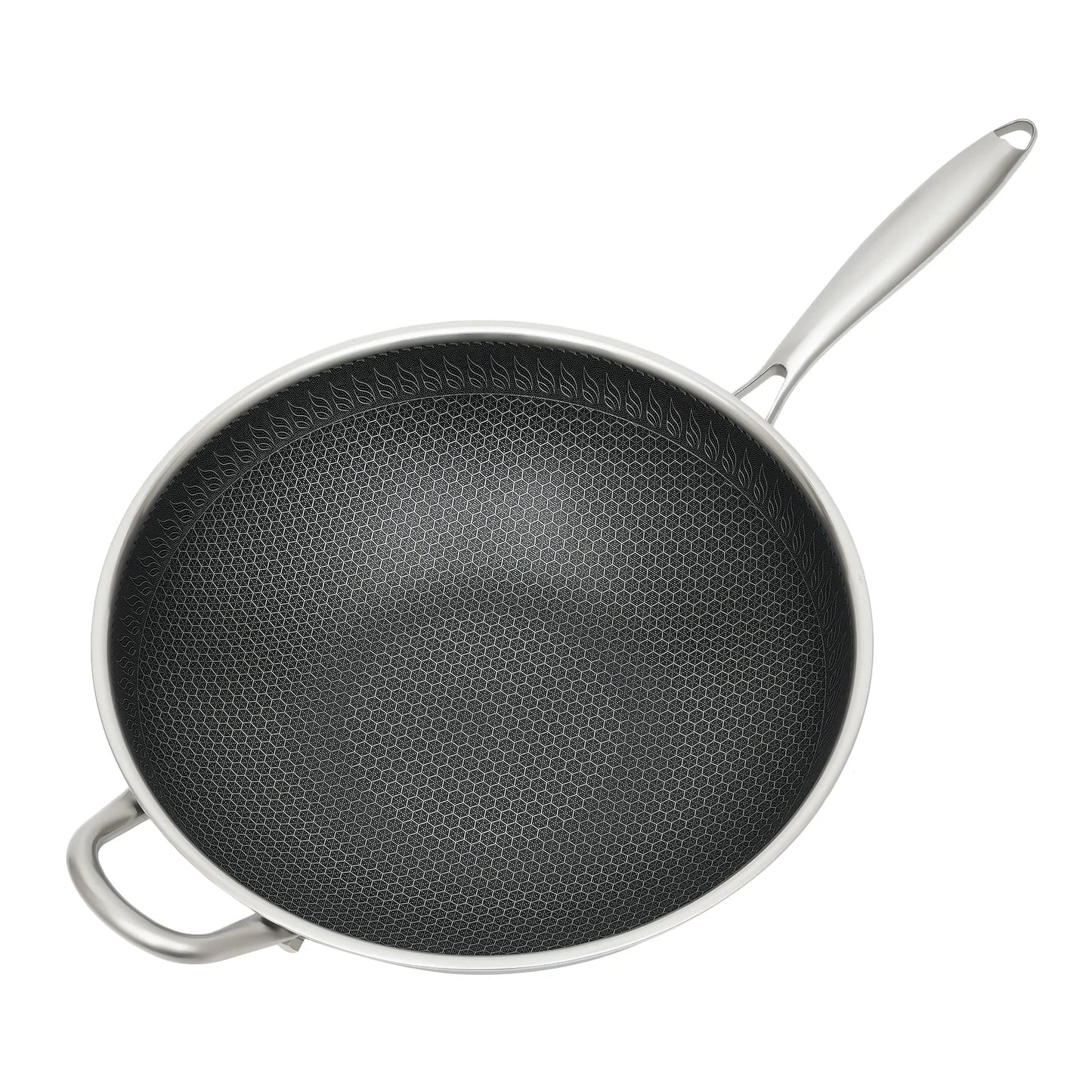 Non Stick Double Sided Screen Honeycomb Wok Stainless Steel Kitchen Frying Pan+ Lid Rapid and Even Heat Conduction for Gas Stove