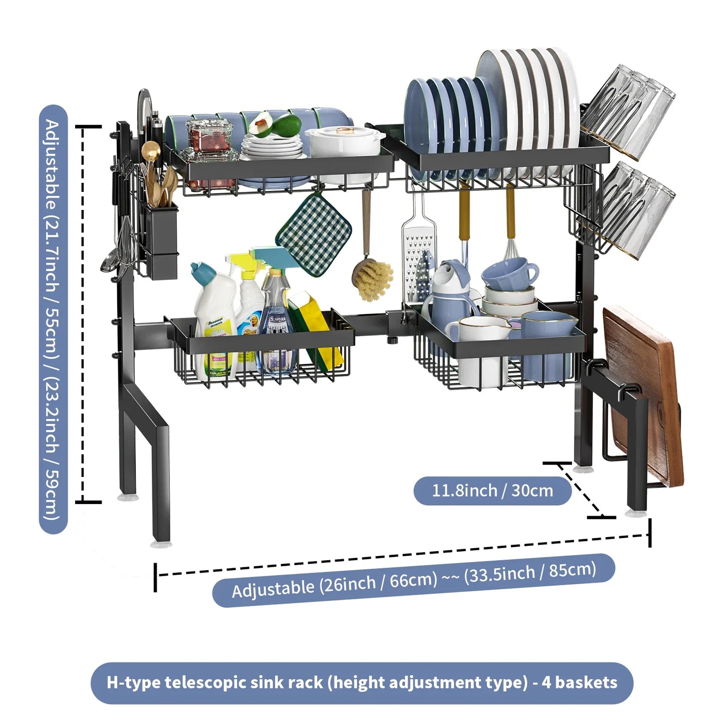 Over The Sink Dish Drying Rack, Adjustable 2 Tier Metal Steel Dish Drying Racks for Kitchen Counter