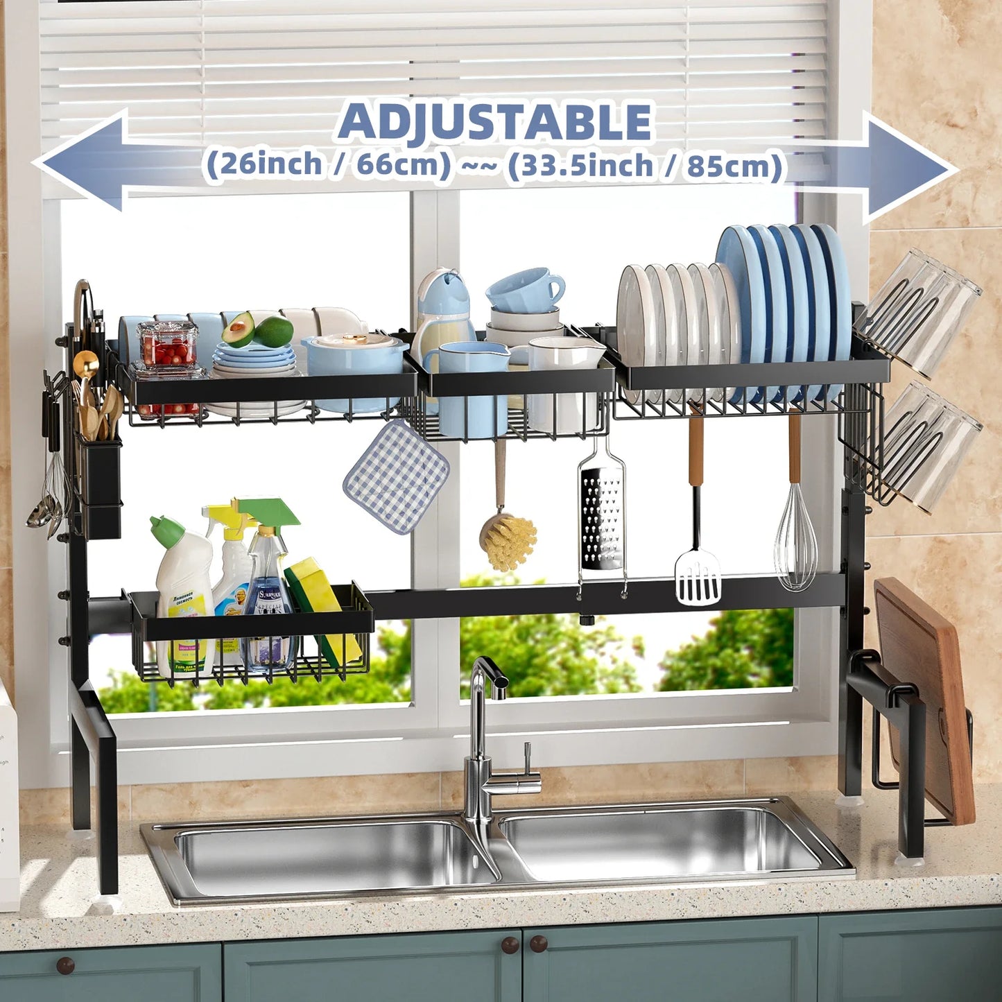 Over The Sink Dish Drying Rack, Adjustable 2 Tier Metal Steel Dish Drying Racks for Kitchen Counter