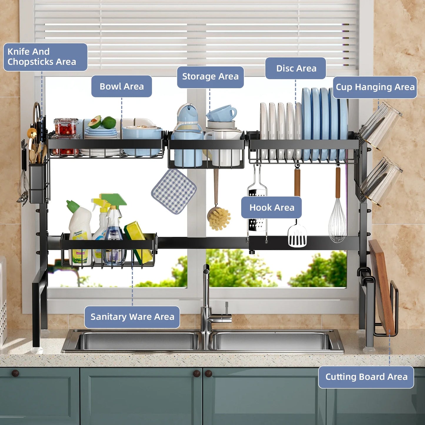 Over The Sink Dish Drying Rack, Adjustable 2 Tier Metal Steel Dish Drying Racks for Kitchen Counter