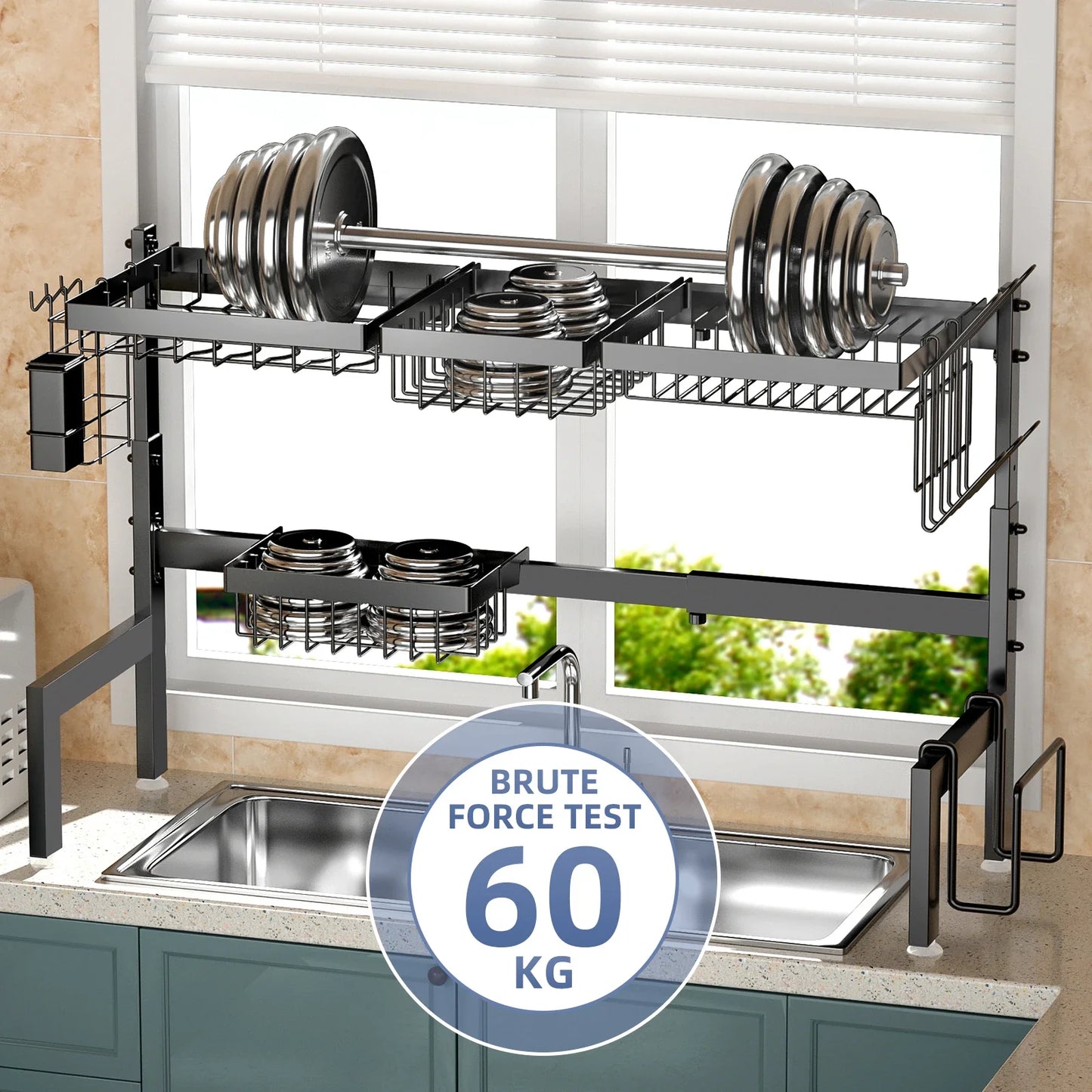 Over The Sink Dish Drying Rack, Adjustable 2 Tier Metal Steel Dish Drying Racks for Kitchen Counter