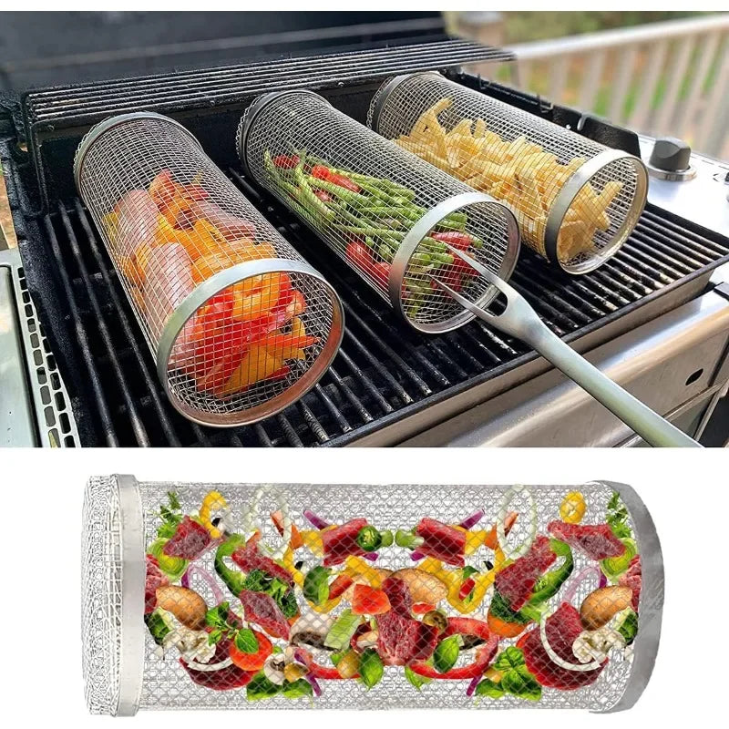 BBQ Grill Basket Rolling Grilling Basket Barbecue Cages Barbecue Grill Grate Cylinder Grilling Baskets for Outdoor Camping