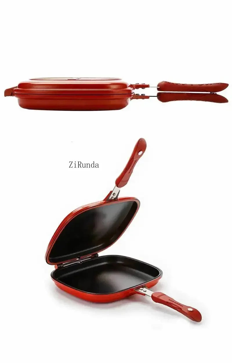 Household 28cm flat bottomed pan, double-sided barbecue frying pan, cooking utensil, double-sided pan, outdoor kitchen supplies