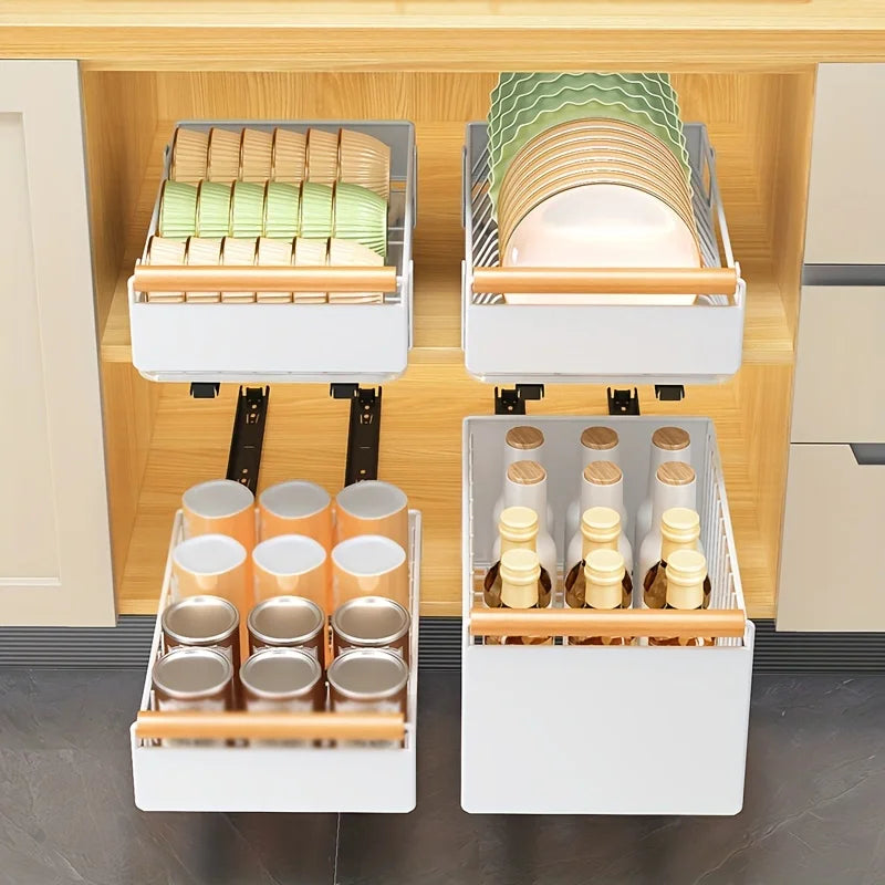 Pull Out Organizer, Pull-out Dish Rack With Wooden Handle And Drain Tray, Multifunctional Single Layer Dish Drying Rack