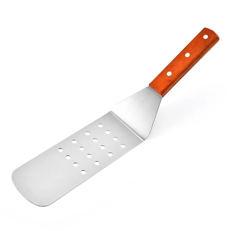 Stainless Steel Square Head Steak Cooking Spatula Wood Handle Pizza Shovel Pancake Beef Turner Scraper BBQ Utensils For Kitchen