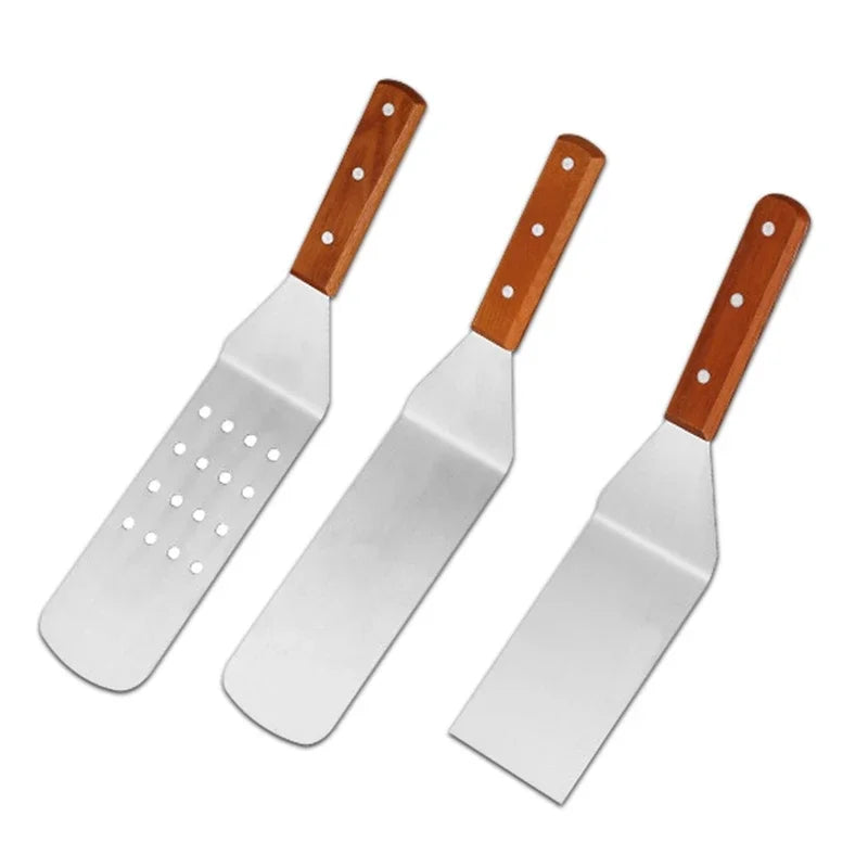 Stainless Steel Square Head Steak Cooking Spatula Wood Handle Pizza Shovel Pancake Beef Turner Scraper BBQ Utensils For Kitchen