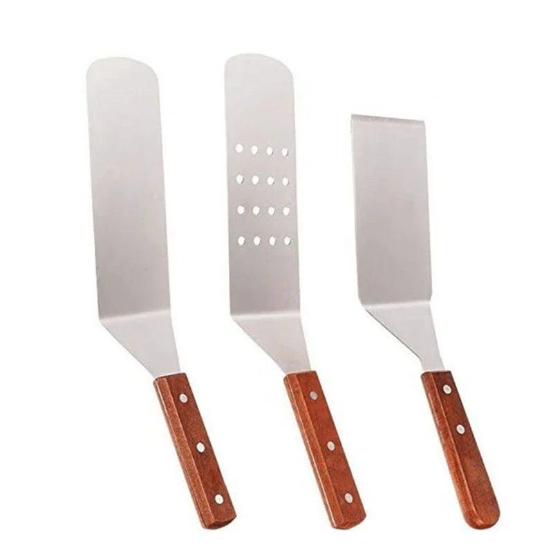 Stainless Steel Square Head Steak Cooking Spatula Wood Handle Pizza Shovel Pancake Beef Turner Scraper BBQ Utensils For Kitchen