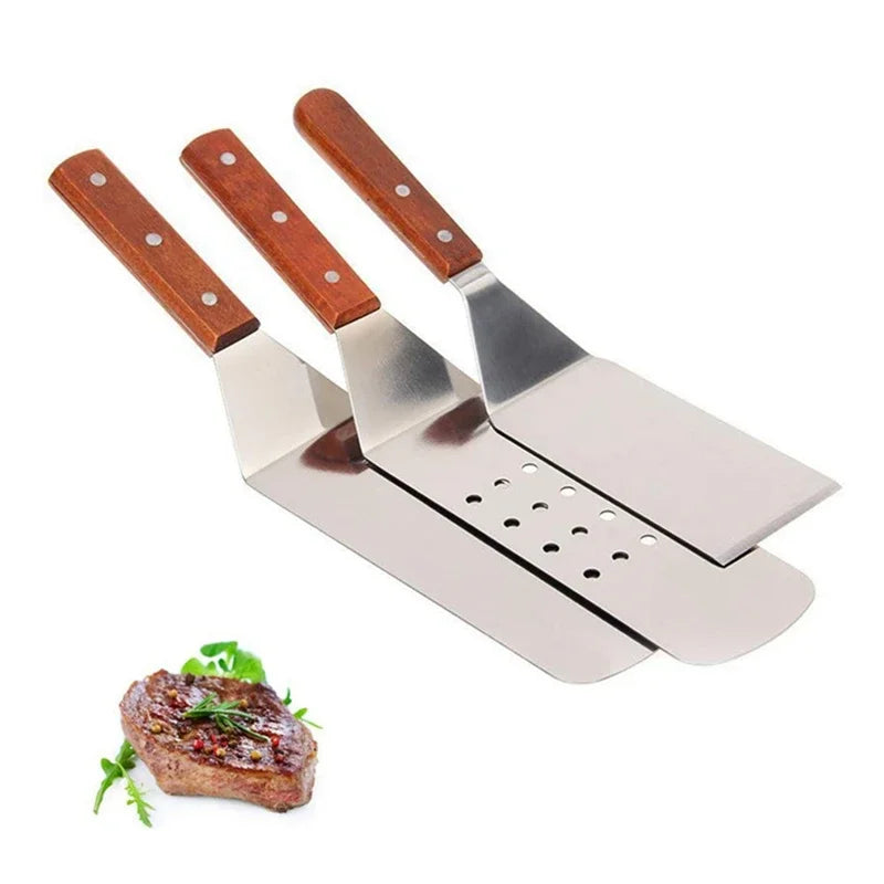 Stainless Steel Square Head Steak Cooking Spatula Wood Handle Pizza Shovel Pancake Beef Turner Scraper BBQ Utensils For Kitchen